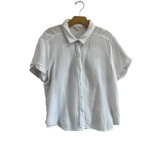 Lucky Brand White Gauze Cotton Button Down Camp Shirt Beachy Top Size L